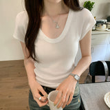Basic Solid Color U-Collar Short-Sleeved T-Shirt Women's New Springy Slim, Simple And Easy To Wear In Summer