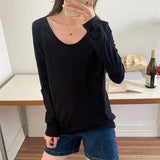 Yipinpay T-Shirt Women's Long-Sleeved Undershirt Cotton Loose Open Collarbone U-Collar Blouse