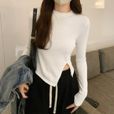 Yipinpay Collar Solid Color Forked Long-Sleeved Blouse Autumn And Winter New Spicy Girls Short Style Slim Irregular Long-Sleeved T-Shirt