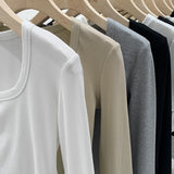 2025 New Spring And Autumn Style Threaded Square Collar Long-Sleeved T-Shirt Women's High Waist Leaky Navel Minority Solid Color Undercoat
