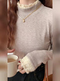 Yipinpay Semi-High-Necked Velvet Bottomed Blouse With A New Style Of Long-Sleeved Knitted Velvet And Warm Lace Blouse