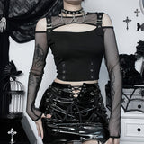 Yipinpay Punk Style Hollowed-Out Long-Sleeved Women's Blouse With A New Sexy Waist Mesh Mesh In The Fall Of 2024