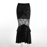 Yipinpay Autumn New Sexy Perspective Embossed Skirt Dark Style Velvet Lace Spliced Half Skirt Girl