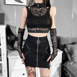 Yipinpay Dark Wind Netting Skull Lace Vest Two-Piece Set Spring Ins Sexy Inner Suit