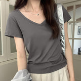 Simple V-Collar Solid Color T-Shirt Small Short-Sleeved T-Shirt Women's New Slim And Thin Underwear In Summer