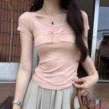 Chic Design Big V-Collar Lace Collage Split Bow Short-Sleeved T-Shirt Women's Summer New Pure Korean Blouse