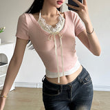 French Sweet Spice Girl Lace Splicing Collision Color Fake Two Lace-Up Short-Sleeved T-Shirts Sweet Jackets For Women