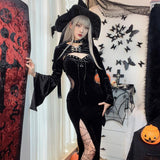 Yipinpay Halloween New Women's Dress Suit Hat Horn Sleeve Spider Web Dress