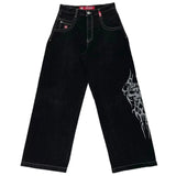 Yipinpay Hip-Hop Rock Embroidered Loose Jeans Y2k Street Retro Harahara Wide-Legged Straight Trousers