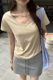 Simple V-Collar Solid Color T-Shirt Small Short-Sleeved T-Shirt Women's New Slim And Thin Underwear In Summer