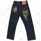 Yipinpay Street Jeans Men's Y2K Printed Hip-Hop Straight Tube Retro Loose Wide-Legged Jeans