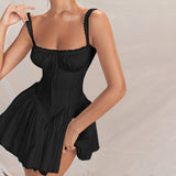 Lace Splicing Waist Fold Plastic Waist Show Thin Halter Skirt 2024 French Lace Ballet Style Swinging Dress