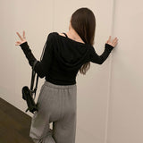 Yipinpay V-Necked, Shoulder Padded, Long-Sleeved T-Shirt With New Autumn And Winter Waist And Short Style Lazy Wind Blouse