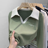European Short Style Polo Shirt Embroidered Alphabet Design Sense Minority Lapel Clavicle V-Collar Blouse Long-Sleeved T-Shirt Women's Autumn