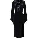 Yipinpay Halloween New Women's Dress Suit Hat Horn Sleeve Spider Web Dress