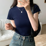 Classic Basic Grey Shoulder T-Shirt Women's Short-Sleeved Round-Necked T-Shirt Threaded To Show A Thin Blouse In Summer