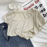 Yipinpay Version Simple Solid Color Threaded U-Collar Short-Sleeved T-Shirt Women Summer New Style Slim Look Thin Pure Desire Hot Girl Blouse Girl