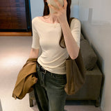 Yipinpay Solid Color Word Shoulder Slim Shows The Thin Bottom Shirt The Girl Autumn New Design Sense Middle Sleeve T-Shirt Hot Girl Blouse