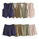 Yipinpay Autumn Style New Style Tooling Style Solid Color Slim Vest Shorts Leisure Suit