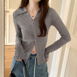 Yipinpay Straightens The Shoulder Knitted Cardigan Jacket, A New Slim, Striped Long-Sleeved Blouse In Early Autumn
