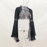 Yipinpay Spring And Summer New Dark Lace Lace Horn Sleeves Casual Black Blouse