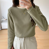 Yipinpay Long-Sleeved T-Shirt Women's New Design Is Full Of Impact Color Round-Neck Waffle Top And Bottom Shirt.