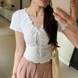 French Style V-Neck Wooden Ear Pleated Short-Sleeved T-Shirt A New Short-Style Foreign-Style Waist Blouse For Women In Summer