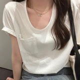 Sweet Cool Spicy Girls Korean Version Of The Shoulder Low-Collar Short-Sleeved T-Shirt Women's New Design Feel Tight Show Thin Bottomed Blouse