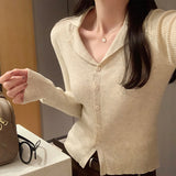 Yipinpay Collar Striped Minority Knitted Cardigan Women's Autumn And Winter New Slim Long-Sleeved Bottom Sweater Jacket