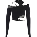 Yipinpay Autumn New Sexy Hollowed-Out Slim Long-Sleeved Street Trendsetter Asymmetrical Mesh Stitching Blouse Girl