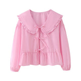 Yipinpay New Spring Doll Tie Casual Loose Solid Color Shirt