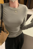 Yipinpay Round-Necked Solid Color Long-Sleeved Shoulder T-Shirt With A New Autumn And Winter Skinny Basic T-Shirt