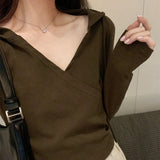 Yipinpay V-Necked, Shoulder Padded, Long-Sleeved T-Shirt With New Autumn And Winter Waist And Short Style Lazy Wind Blouse