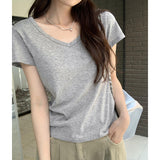 Simple V-Collar Solid Color T-Shirt Small Short-Sleeved T-Shirt Women's New Slim And Thin Underwear In Summer
