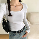 Yipinpay Square-Necked Long-Sleeved T-Shirt For Women In Autumn, The New Style Is Slim And Slim With A Bottom Shirt And A Short Blouse.