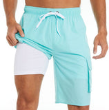 Yipinpay Pants Solid Color Multi-Pocket Fake Two Double-Layer Overalls Five-Point Fitness Running Leisure Sports Shorts