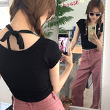 Pure Desire Hot Girls Design Sense To Hang Neck U-Collar Short-Sleeved T-Shirt Summer New Style Waist Shows Slim All Kinds Of Short Style Blouse Trend