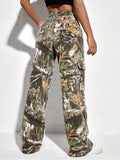 Yipinpay Large Pocket Loose Straight Trousers Spring And Autumn New Individualized Printed Camouflage Floor Mopping Overalls