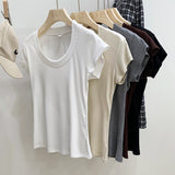 Yipinpay Version Simple Solid Color Threaded U-Collar Short-Sleeved T-Shirt Women Summer New Style Slim Look Thin Pure Desire Hot Girl Blouse Girl