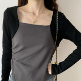 Autumn And Winter Color Positive Shoulder Fake Two Square Collar Blouses Women's Spring And Autumn Splicing Irregular Design Feeling Bottom Short T-Shirt