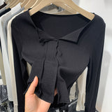 2025 New Spring And Autumn Style Solid Color Semi-Open-Necked Blouse With Split Sleeves And Slimming Short Style With Bottom Shirt