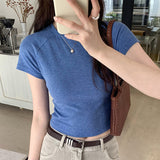 Retro Spice Girl Shoulder Short-Sleeved T-Shirt A New Summer Style Short Blouse With Solid Color And Slim Figure