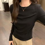 Yipinpay Sense Minority Pleated Long-Sleeved T-Shirt Women's Autumn And Winter New Slim And Thin Short Style Top With Bottom