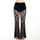 Yipinpay Dark Wind Lace Perspective Casual Trousers Spring Women's Wear Ins Sexy Slim Straight Trousers