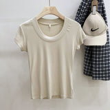 Yipinpay Version Simple Solid Color Threaded U-Collar Short-Sleeved T-Shirt Women Summer New Style Slim Look Thin Pure Desire Hot Girl Blouse Girl