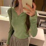 Yipinpay Sense V-Collar Button-Down Long-Sleeved T-Shirt Lady's New Style Pure Fashion Short Style Thin Bottom Shirt In Autumn And Winter