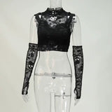 Yipinpay Dark Wind Netting Skull Lace Vest Two-Piece Set Spring Ins Sexy Inner Suit