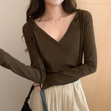 Yipinpay V-Necked, Shoulder Padded, Long-Sleeved T-Shirt With New Autumn And Winter Waist And Short Style Lazy Wind Blouse