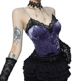 Yipinpay Dark Velvet Lace Sling 2024 Fall New Sexy Spicy Girl Spliced Blouse Girl