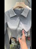 European Design Sense Niche Double Zipper Polo Collar Jacket Women's Early Autumn New Threaded Short Top Knitted Cardigan